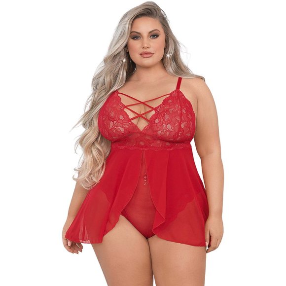 Escanté Other - Lattice Front Red Teddy Womens Plus Size 1X Lace and Mesh Bodysuit